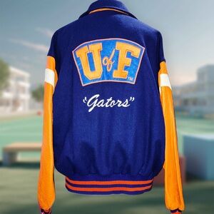 VTG UF Florida Gators Varsity Jacket Leather Sleeves Blue Cooper Collegiate Sz L